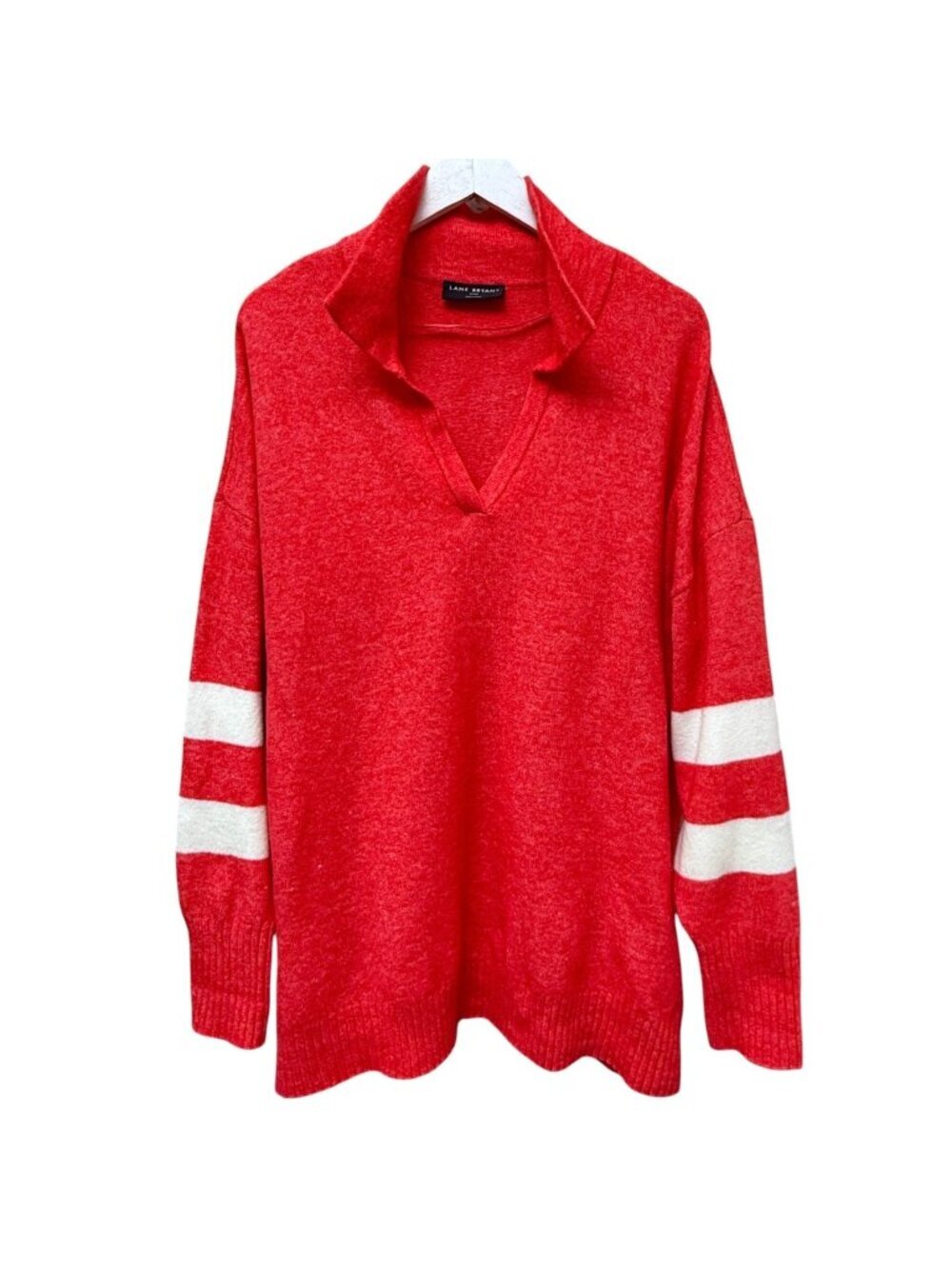 LANE BRYANT Polo Sweater Womens Plus Size 22 / 24 Red Tunic Stripe Sleeve NWOT